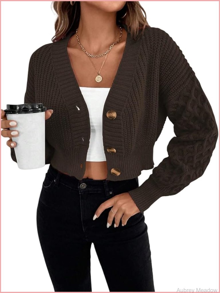 Cable Knit Cardigan Long Sleeve Button Down Drop Shoulder Lightweight Sweater